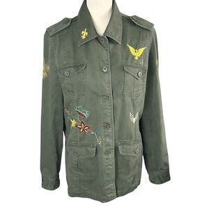True Meaning Women's Jacket Cargo Sz L Military Army Blazer Green Embroidered